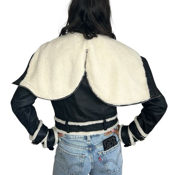 Jonny Cota Moto Y2k Rocker Leather Cropped Jacket Womens Medium Sherpa Biker - Picture 2 of 13